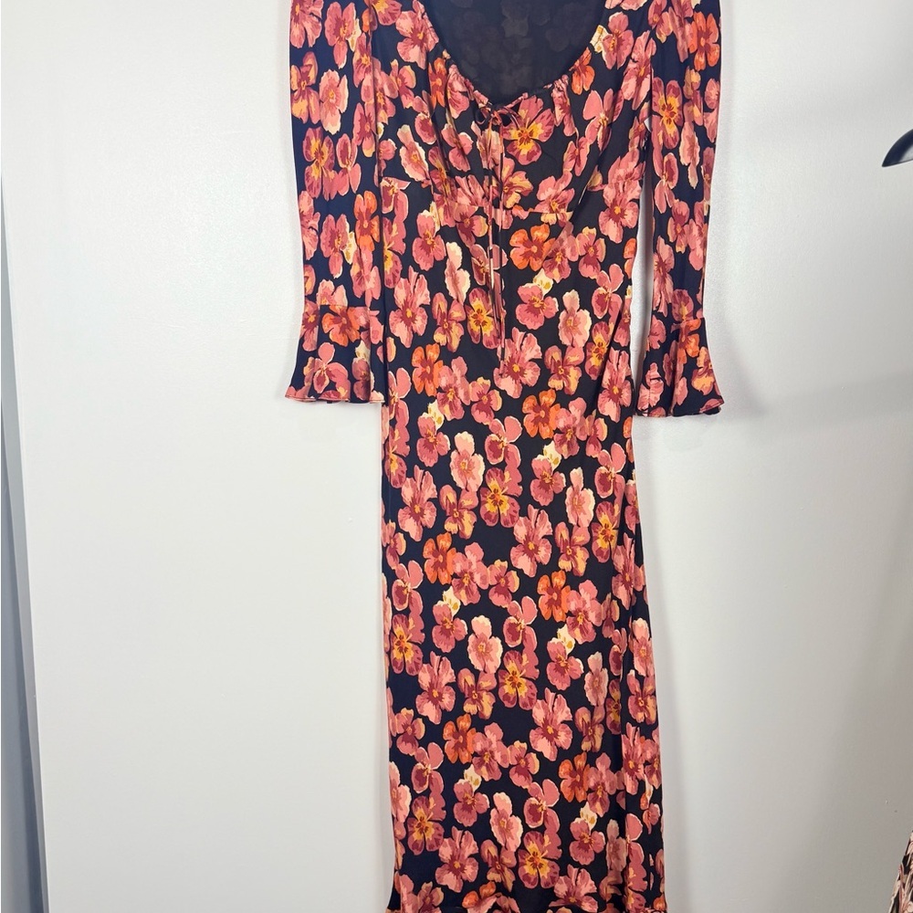 Reformation Black Midi Curtis Dress with Pink Floral Print - Picture 2 of 4